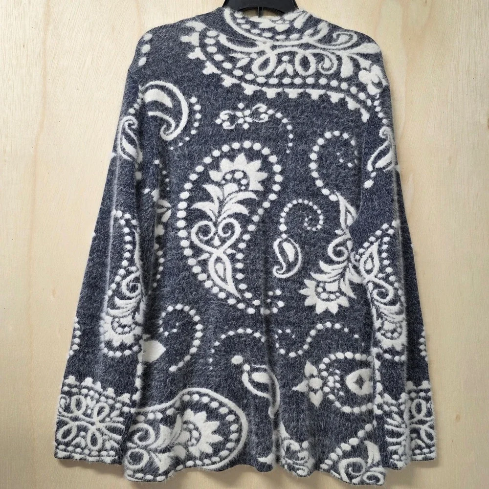 Chicos Navy Blue Paisley Eyelash Knit Quarter Zip Sweater Shimmer Size 3 Large
